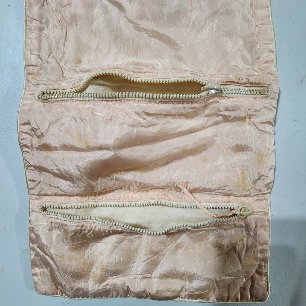 Vintage Champagne Satin Embroidered Floral Jewelry Roll Travel Pouch Organizer